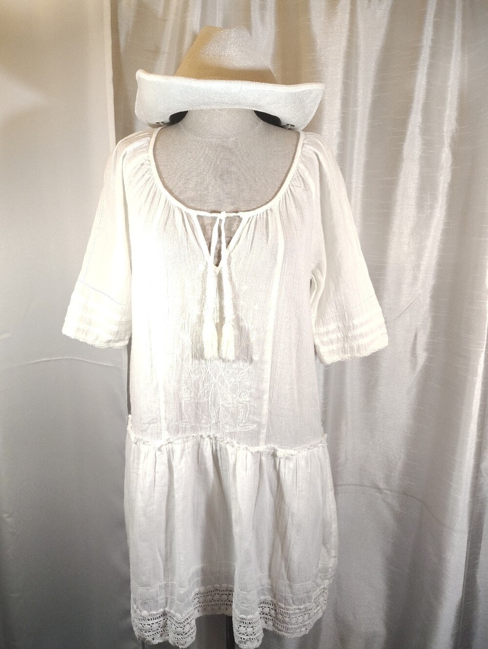 Azure Skies Mini Dress +Cowgirl Hat,White, 1/2 Sleeve,Distressed, Embroidery, XS